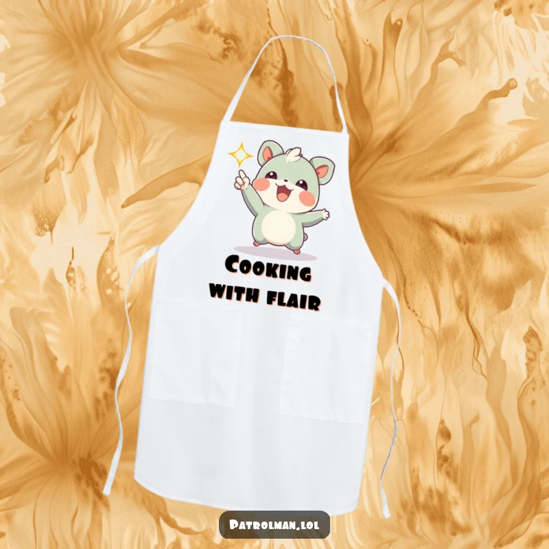 Funny apron featuring an energetic creature joyfully pointing a bright, flashing light, ideal for chefs who love to add fun to their kitchen.