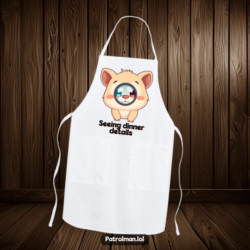 Funny apron showcasing a creature using a magnifying glass, perfect for chefs or home cooks who infuse their cooking with fun.