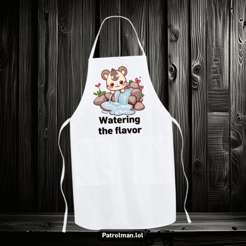 Funny apron featuring a happy creature guiding a water stream, perfect for a cook who likes things to flow smoothly.