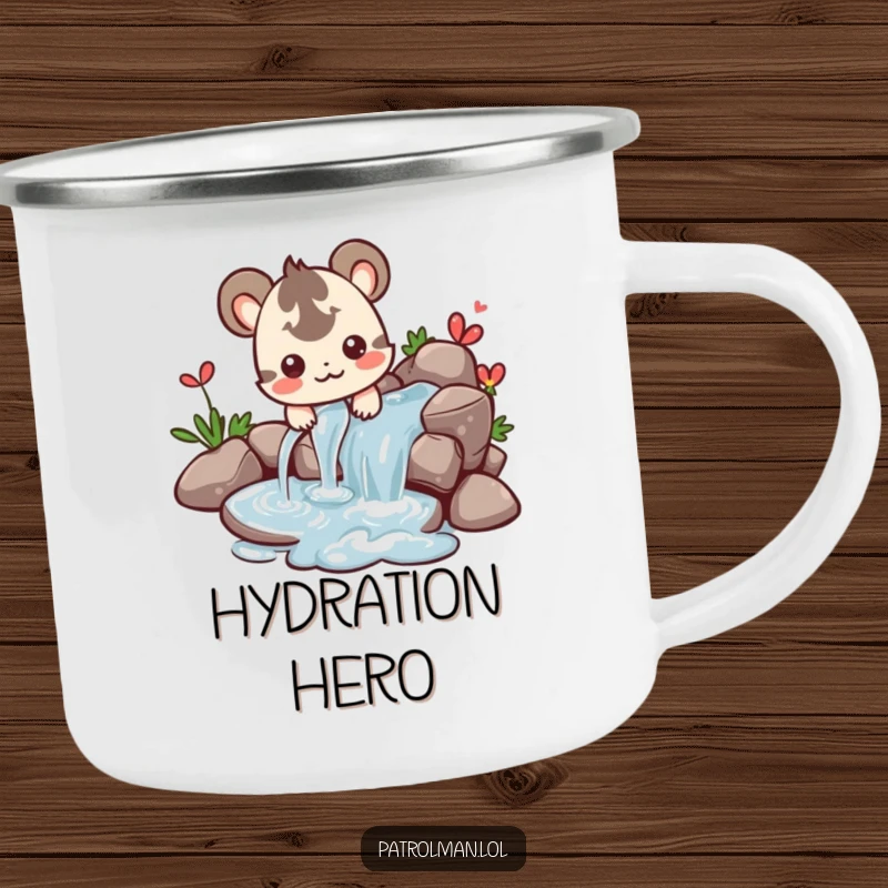 Funny camping mug with a happy creature directing a water stream, perfect for calm contemplation outdoors.