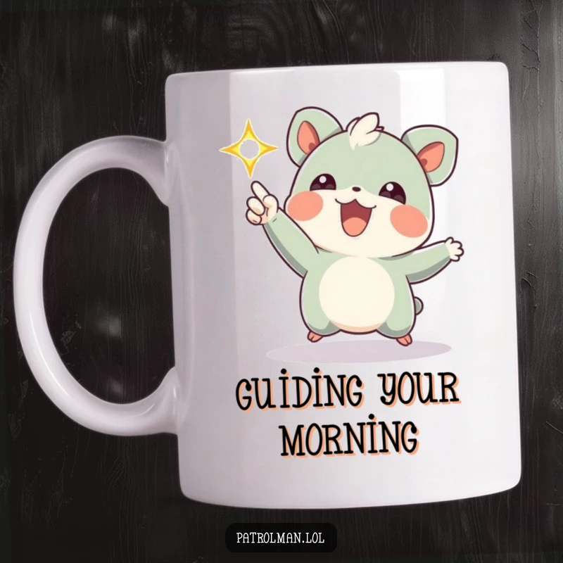 Funny mug featuring an energetic creature joyfully pointing a bright, flashing light, symbolizing enthusiasm and illuminating humor.
