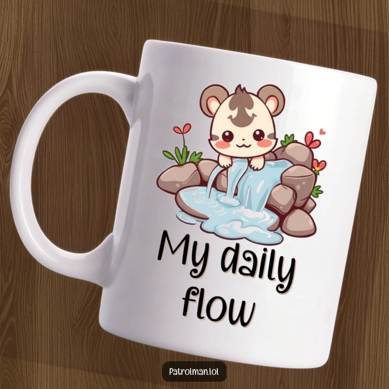 Funny mug showing a content creature happily steering a flowing stream of water, representing calm control.