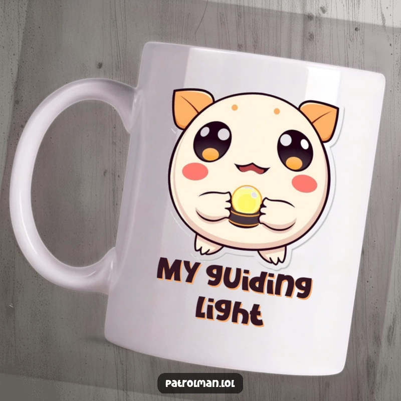 Funny mug with a round creature, wide-eyed, holding a small, luminous beacon, representing hope and direction.