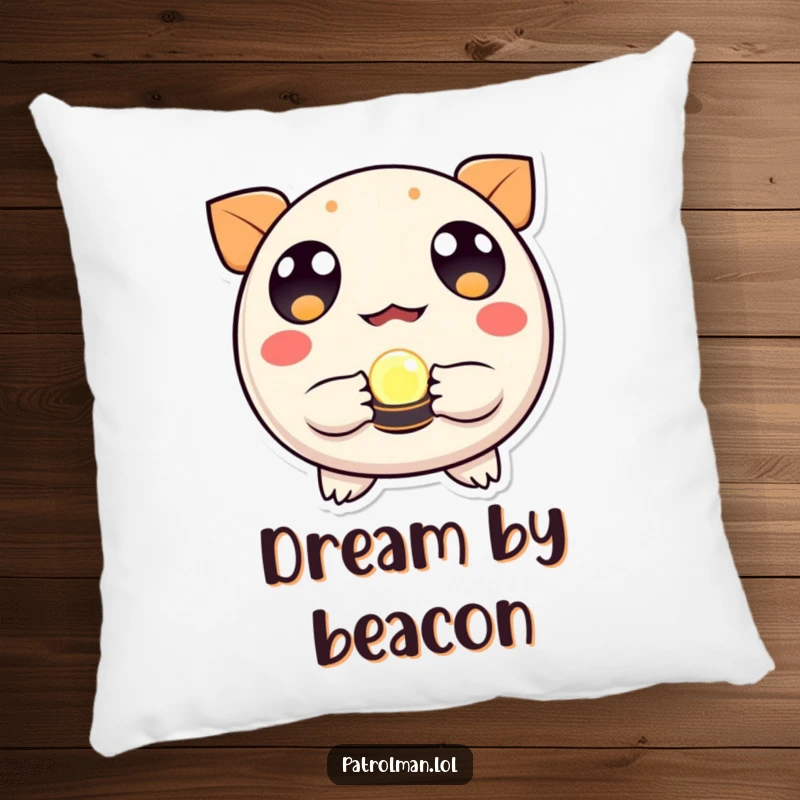 Funny pillow with a round, wide-eyed creature holding a luminous beacon, bringing soft, hopeful humor.