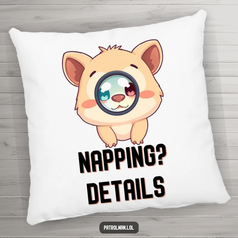 Funny pillow featuring a whimsical creature engrossed in looking through a magnifying glass, adding comfort and a humorous element to any room.