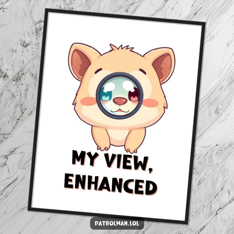 Funny digital art print of a creature intensely observing through a magnifying glass, adding a humorous and curious element to any digital display.