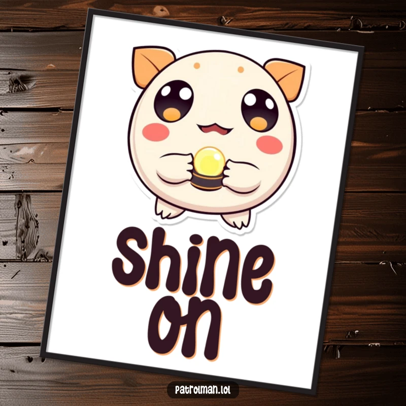 Funny digital art of a round, wide-eyed creature holding a small, glowing beacon, ready to bring guidance to walls.