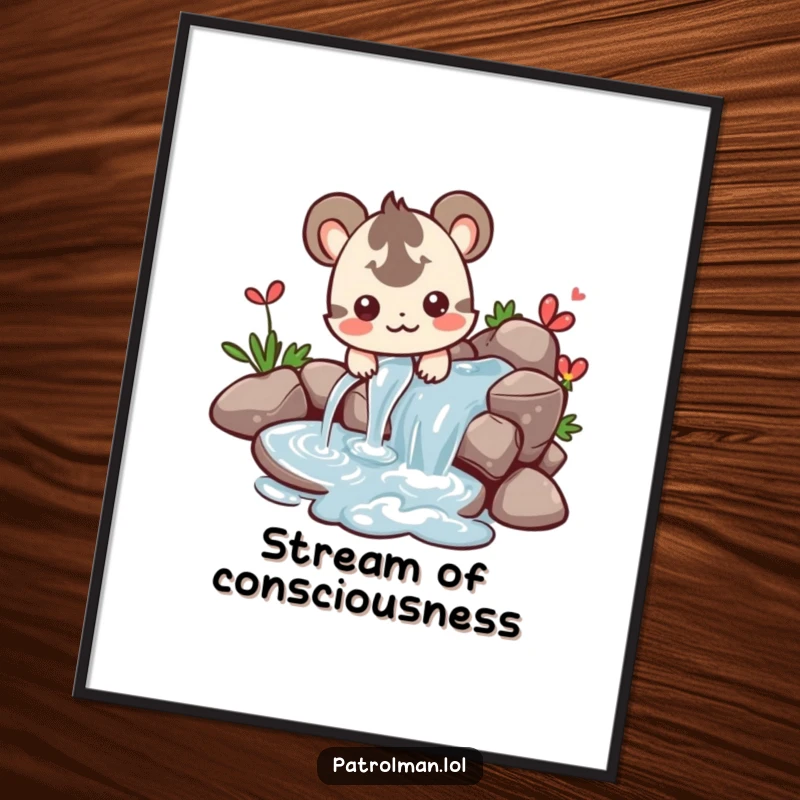 Funny digital art of a happy creature steering a flowing stream of water, ready to bring calm to walls.