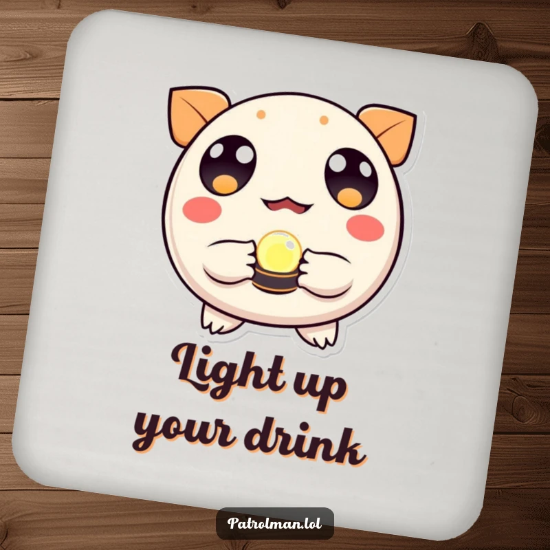Funny drink coasters featuring a round, wide-eyed creature holding a luminous beacon, protecting furniture with bright guidance.