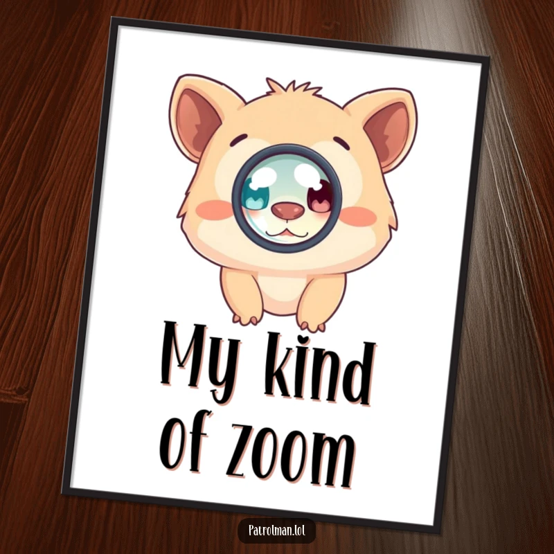 Funny poster art of a creature enthusiastically peering through a circular lens, capturing a moment of discovery and playful inquiry.