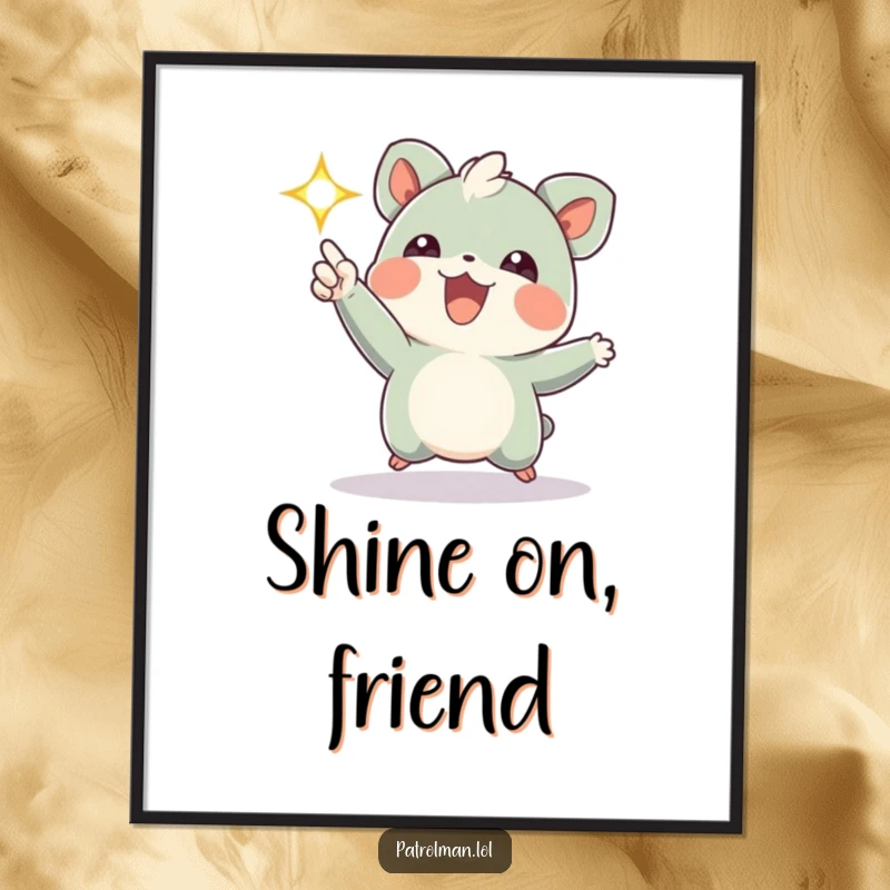 Funny poster featuring a small, energetic creature joyfully aiming a brilliant, flashing spotlight, capturing a moment of pure, humorous excitement.