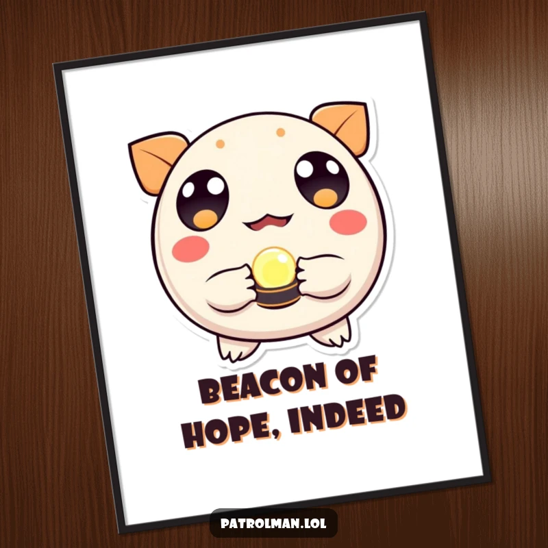 Free Printable Wall Art: Round creature with wide eyes holds a small, glowing beacon, casting a warm light.