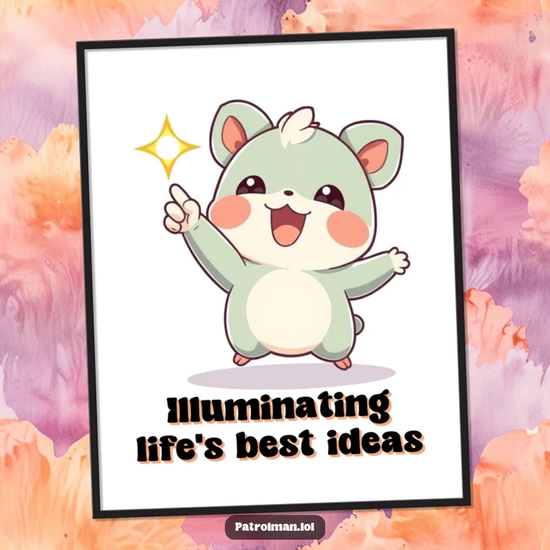 Funny Free Printable Wall Art: energetic creature joyfully pointing a bright, flashing light. Humorous, downloadable decor for your home.