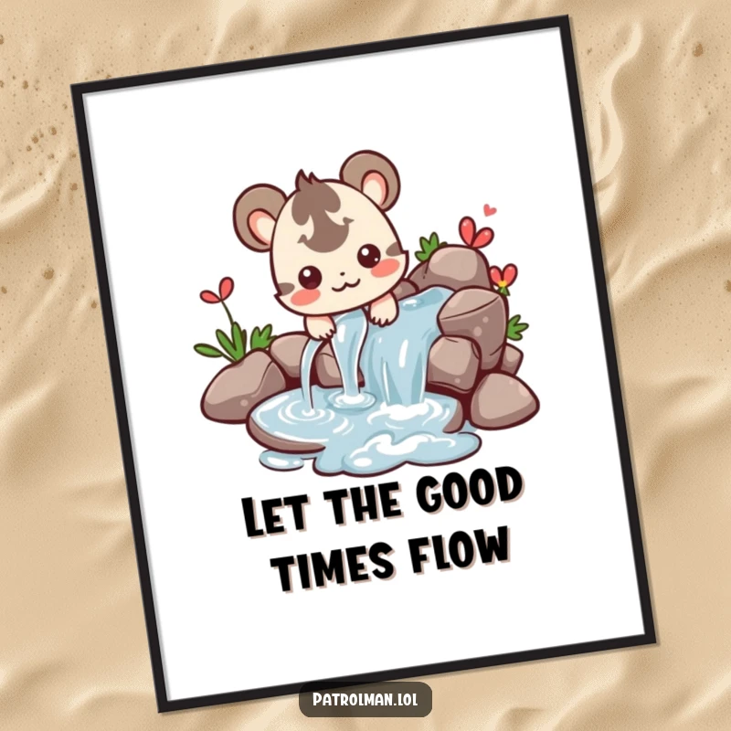 Free Printable Wall Art: Small creature happily directing a flowing stream of water, creating a peaceful scene.