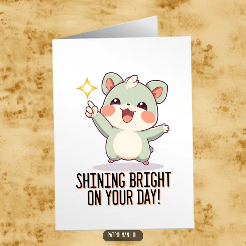 Funny Free Printable Birthday Card: energetic creature joyfully pointing a bright, flashing light. A festive downloadable greeting.