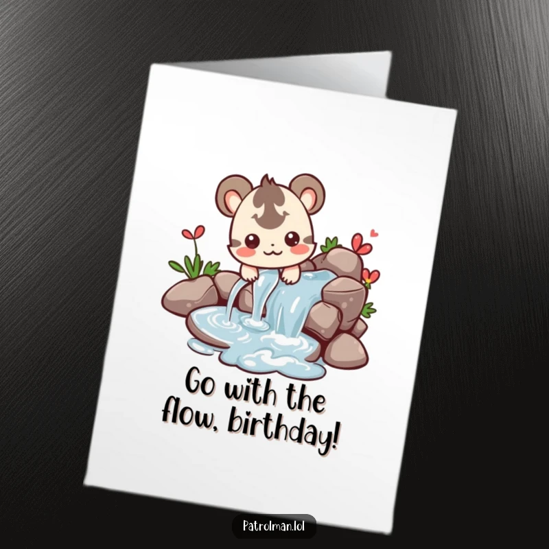 Free Printable Birthday Card: Small creature happily directing a flowing stream of water with a cheerful expression.