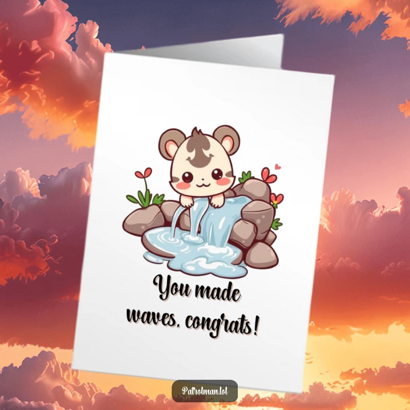 Free Printable Congratulations Card: Small creature happily guides a flowing stream of water, celebrating progress.