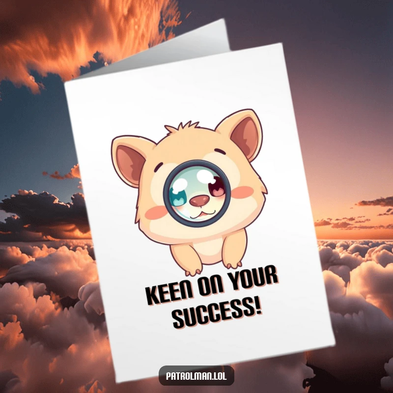 Funny Free Printable Congratulations Card with a creature enthusiastically peering through a small, circular lens. A witty downloadable greeting.