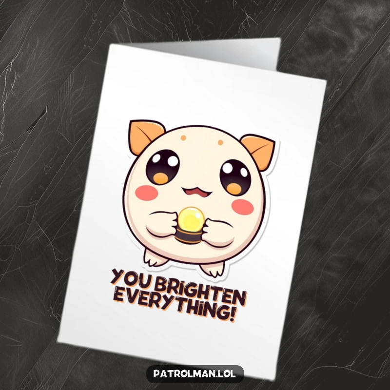 Free Printable Congratulations Card: Round creature with wide eyes holds a small, glowing beacon, celebrating success.