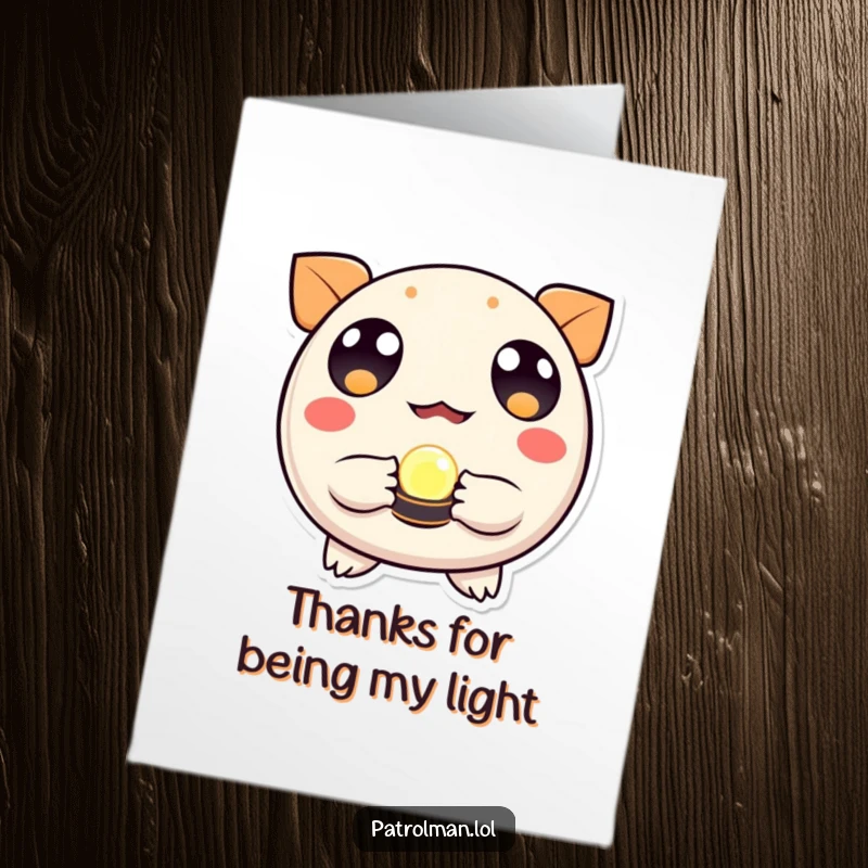 Free Printable Thank You Card: Round creature with wide eyes holds a small, glowing beacon, offering thanks.