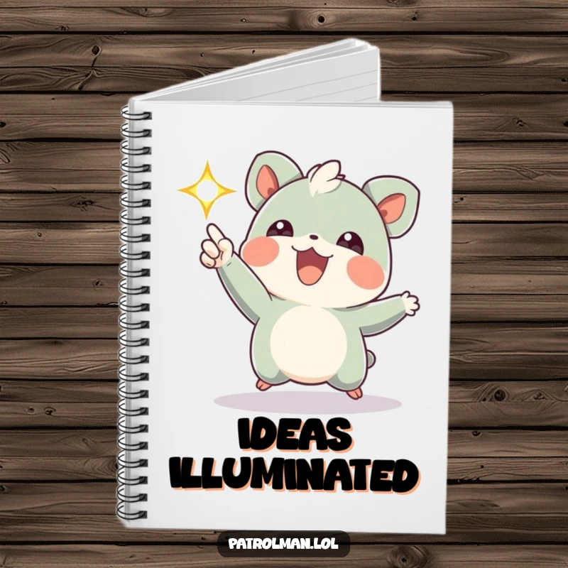 Funny notebook cover featuring a creature joyfully pointing a bright, flashing light, perfect for capturing thoughts with a touch of humor.