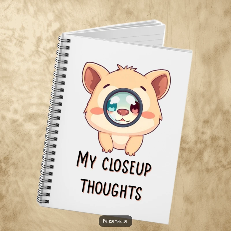 Funny notebook cover with a creature using a magnifying glass, ideal for capturing thoughts and ideas with a humorous, observant touch.