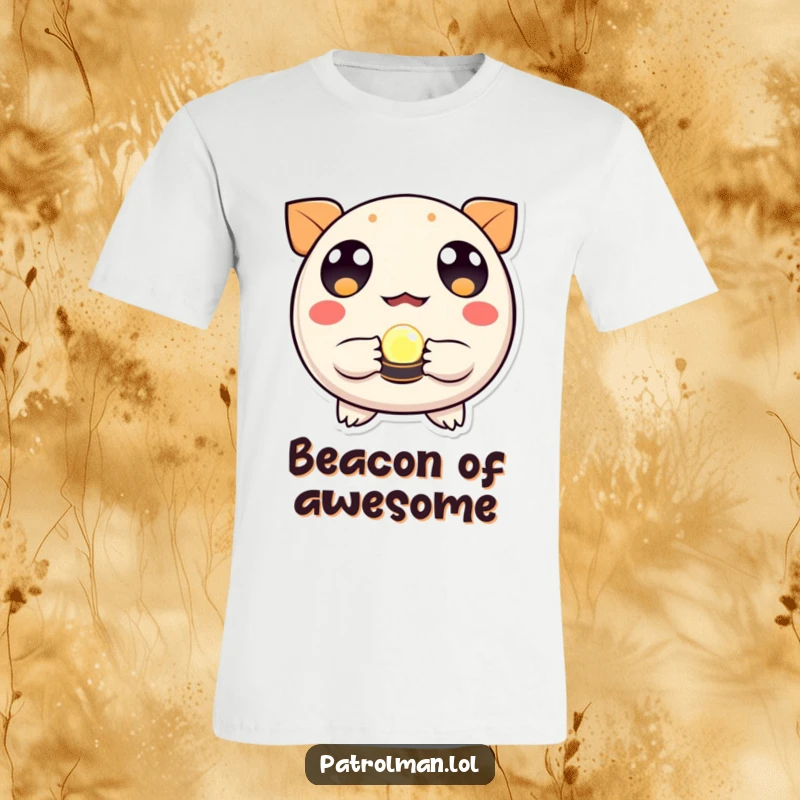 Funny t-shirt of a round creature with large, expressive eyes holding a small, radiant beacon, embodying curiosity and guidance.