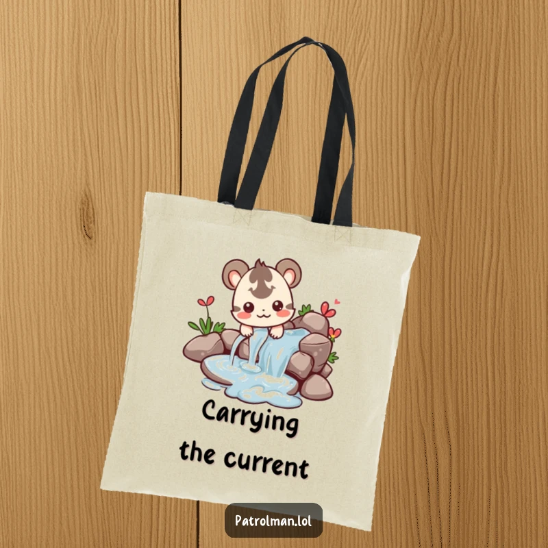 Funny tote bag showing a contented creature happily guiding a flowing water stream, great for carrying essentials smoothly.